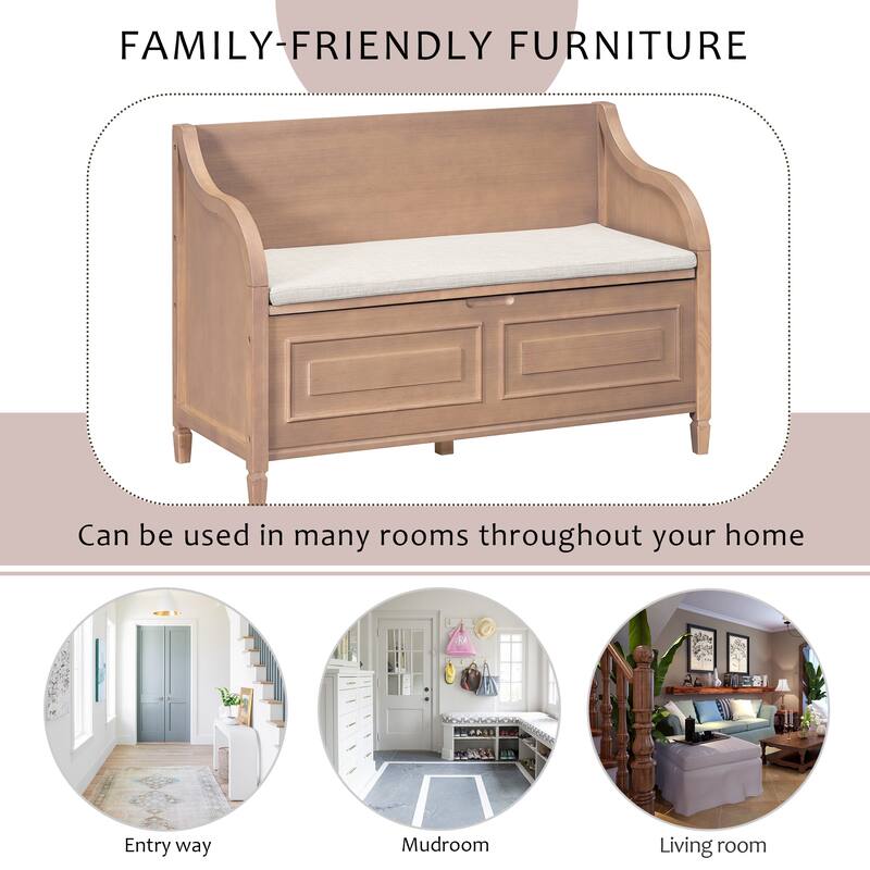 Rustic Charm Entryway Bench Solid Wood Storage with Safety Hinge