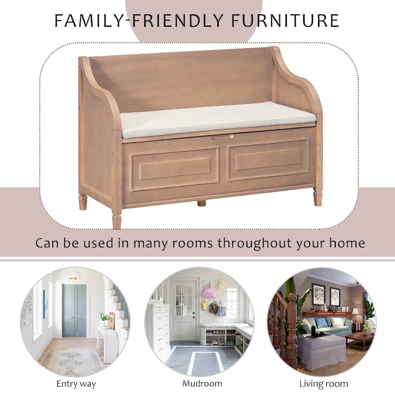 Rustic Style Solid Wood Entryway Storage Bench with Safety Hinge and Cushion