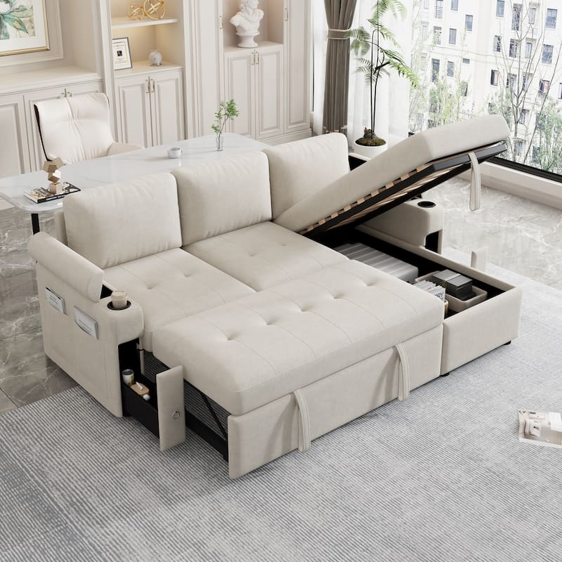 83.5" Chenille L-Shaped Sectional Sofa with Convertible Bed & Storage - Beige