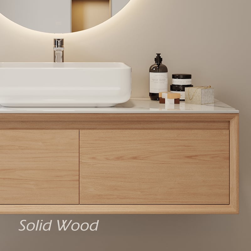 48" Modern Floading Single Bathroom Vanities, Solid Wood, Glossy Stone Vessel, Brown &Light Wood, Not Assembled Need