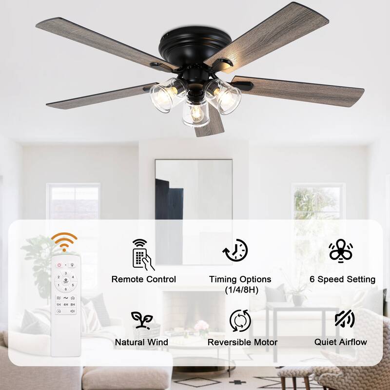Bella Depot 52" 3-Light Brown Flush Mount Ceiling Fan with Light and Remote Control 6-speed Reversible Timer DC Motor