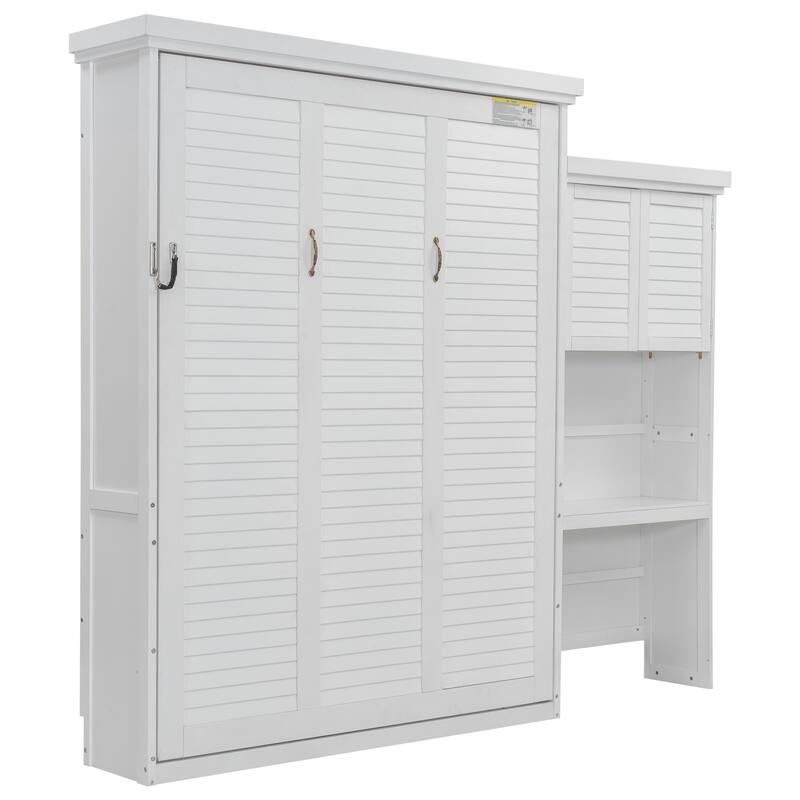 Queen Size Murphy Bed Convertible Louvered Style Cube Cabinet Foldable Platform Bed with Side Storage Bookcase Cabinet Shelves
