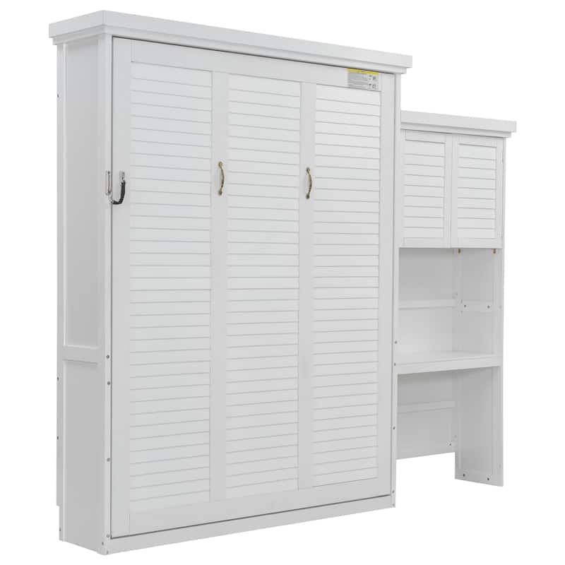 Queen Size Murphy Bed Wall Bed with Louvered Panel and Side Storage Shelves Space Saving Murphy Bed Pull Down Bed with Cabinets