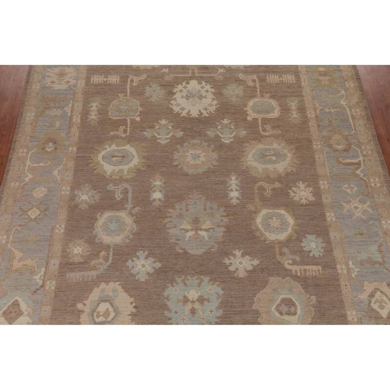 Hand Knotted Oriental 100% Wool Carpet Transitional All-Over Brown Oushak Area Rug - 11' 10'' X 9' 0''