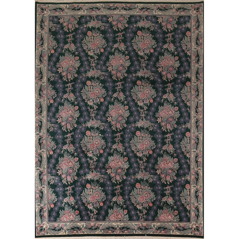 Vegetable Dye Green Aubusson Chinese Area Rug Hand-Knotted Wool Carpet - 8'11"x 12'2"