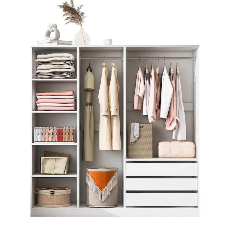 Open Armoire Wardrobe with 3 Drawers 67.70 Inch Freestanding Wardrobe with Clothes Rail Wooden Bedroom Storage Cabinet