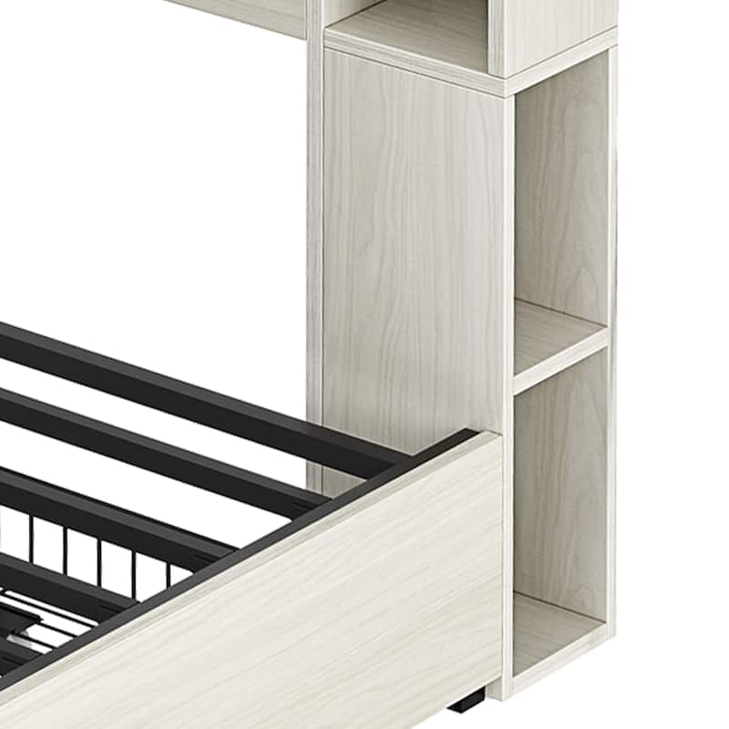 Moasis LED Bed Frame with Bookcase Headboard, 4 Storage Drawers and Type-C USB Charging Station