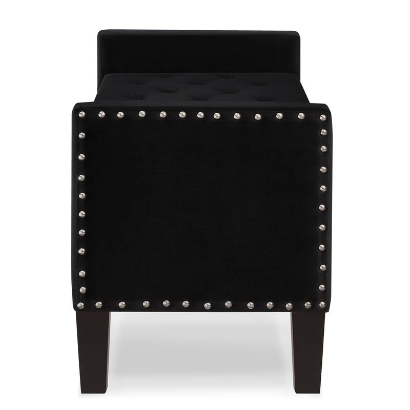 Upholstered Tufted Button Storage Bench with nails trim,Entryway Living Room Soft Padded Seat - Black