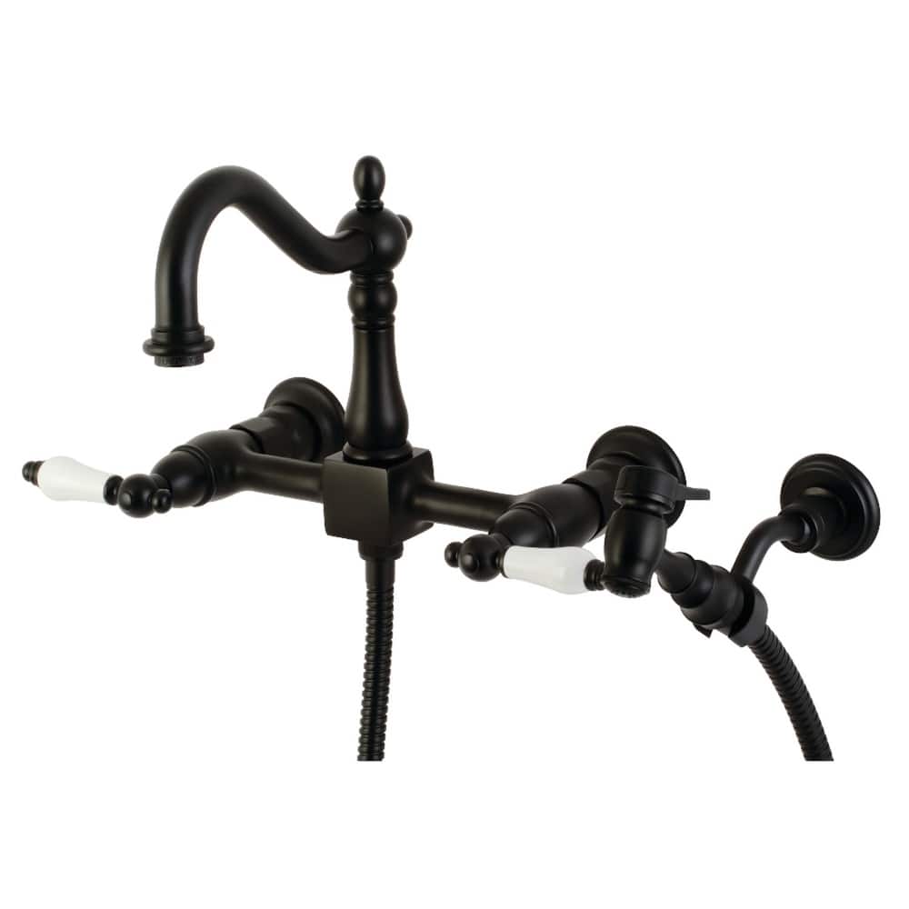 Kingston Brass Heritage Wall Mount Bridge Kitchen Faucet with Brass Sprayer