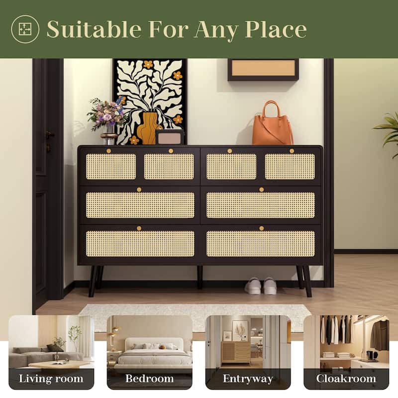 Modern Rattan Dresser Chest with Wide Drawers and Metal Handles
