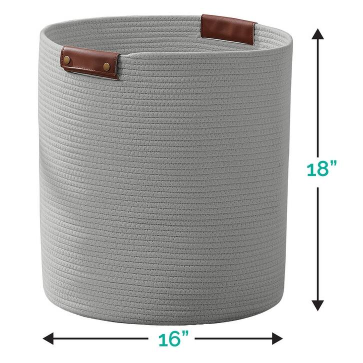 Large Cotton Rope Storage Basket Laundry Hamper Woven Basket with Leather Handles -16 x 18 - 16" x 16" x 18"