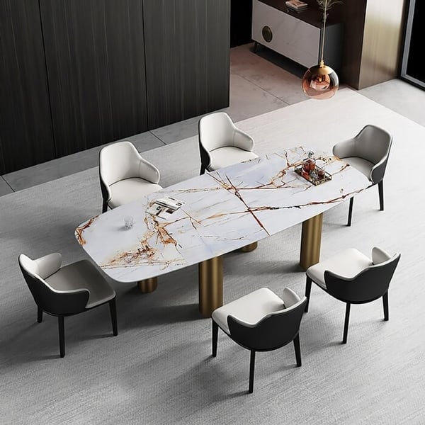 slide 2 of 9, Modern 63 " Natural texture Rectangle Faux Marble Dining Table White