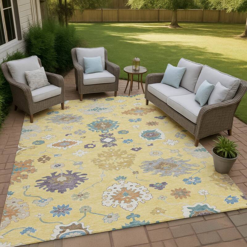 Machine Washable Indoor/ Outdoor Traditonal Delhi Chantille Rug - Yellow - 9' x 12'