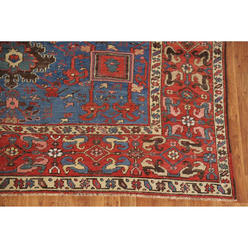 Hand Knotted Oriental 100% Wool Carpet Traditional Geometric Navy Blue & Blues Heriz Area Rug - 8' 5'' X 7' 11''