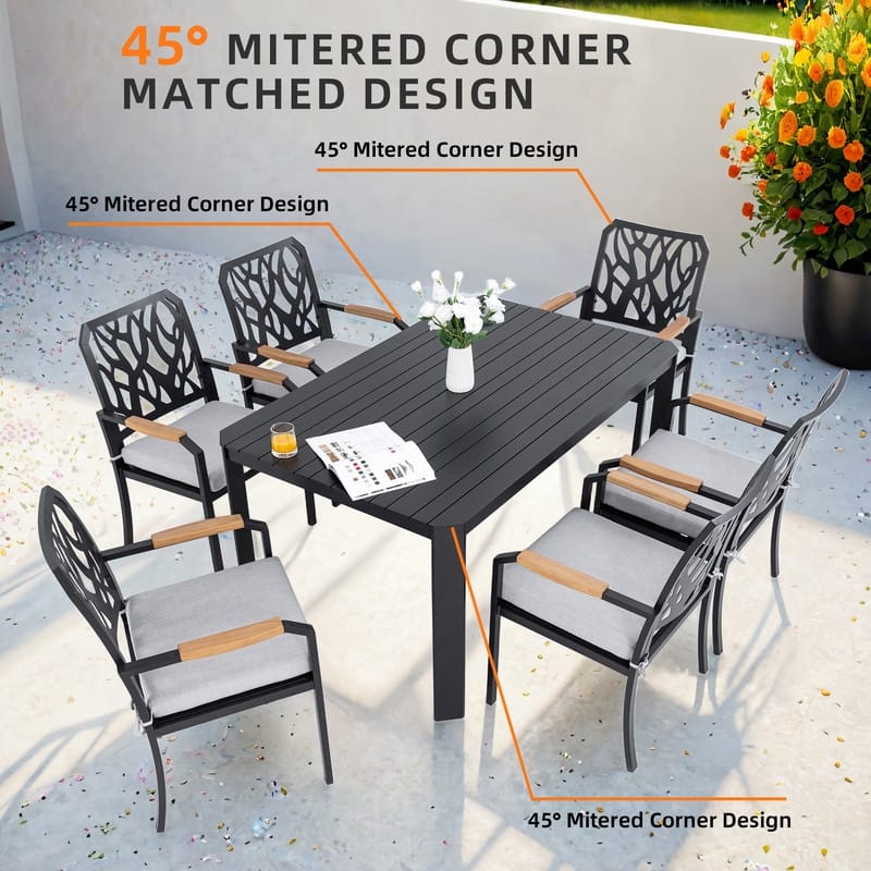 7-Piece Outdoor Patio Aluminum Furniture Set, Modern Dining Set with 6 Dining Chairs