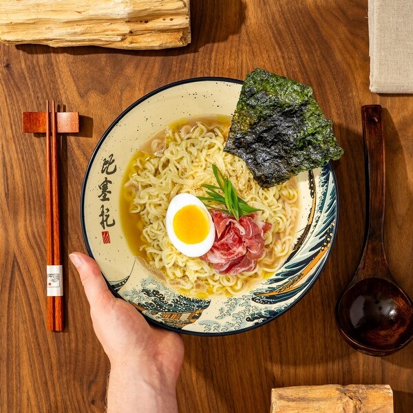 Japanese Ramen Bowl Set with Great Wave Design 60oz Large Ceramic