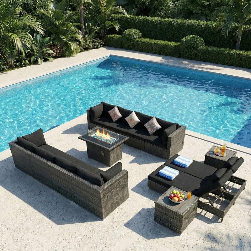 Outdoor Sectional Conversation Set PE Wicker with Double Chaise Lounge, 60,000 BTU Fire Pit Table - 12-Piece/Table - Black