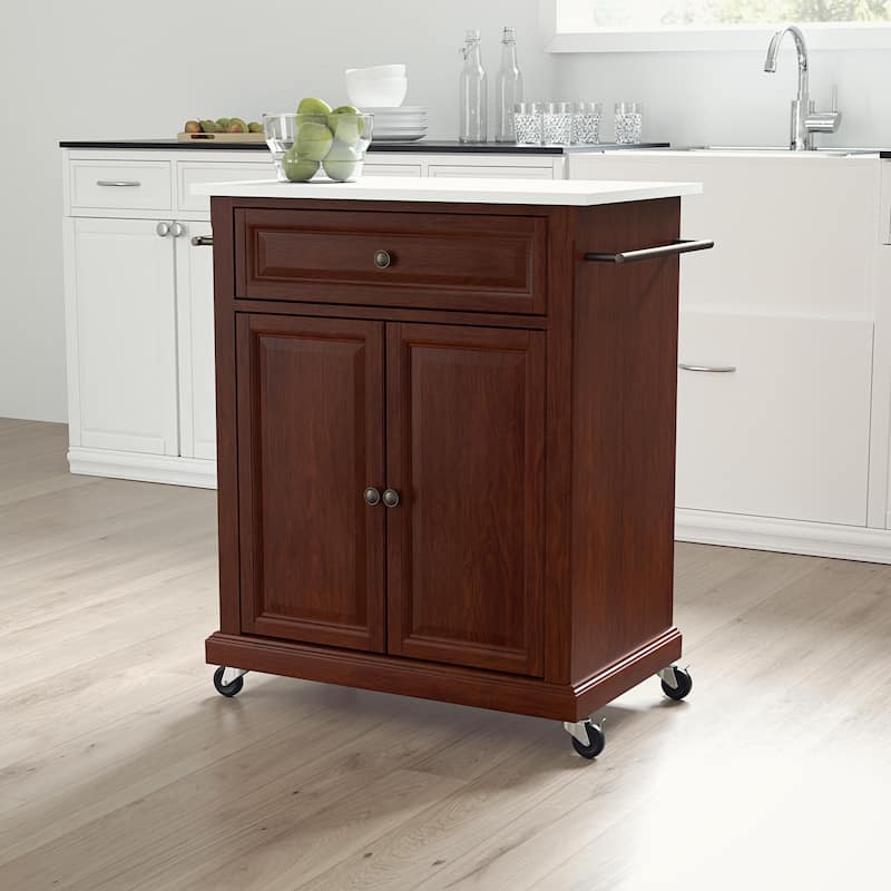 Compact Stone Top Kitchen Cart in Mahogany and White with Adjustable Shelf, Storage Drawer, and Towel Bars
