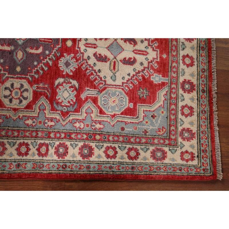 Geometric Red Kazak Accent Rug Hand-Knotted Foyer Wool Carpet - 2'10" x 4'3"