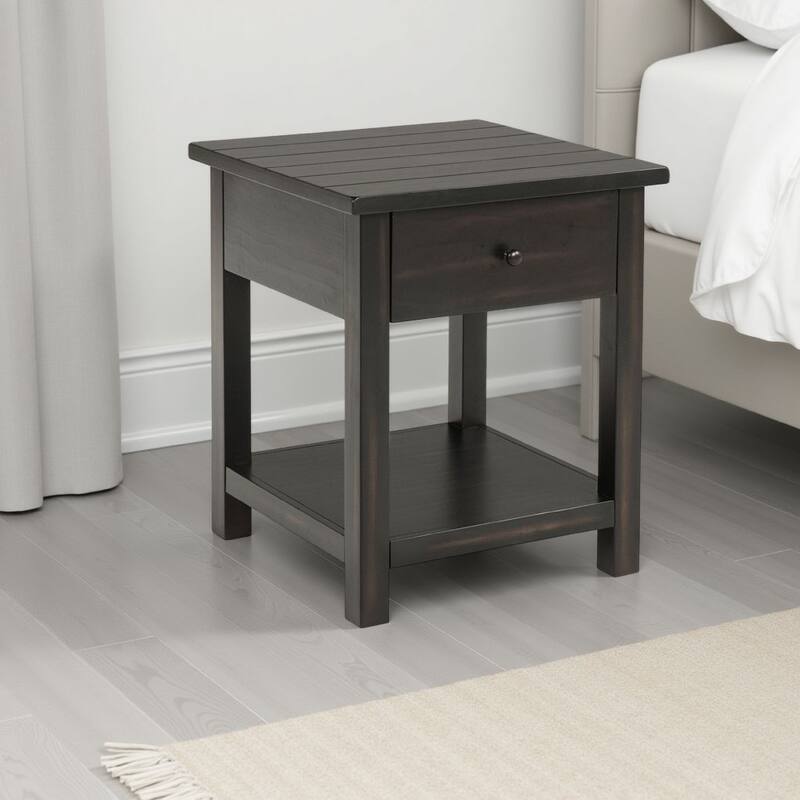 Ayne Side End Table, 1 Shelf, 1 Drawer, Black Wood, Square 20 Inch