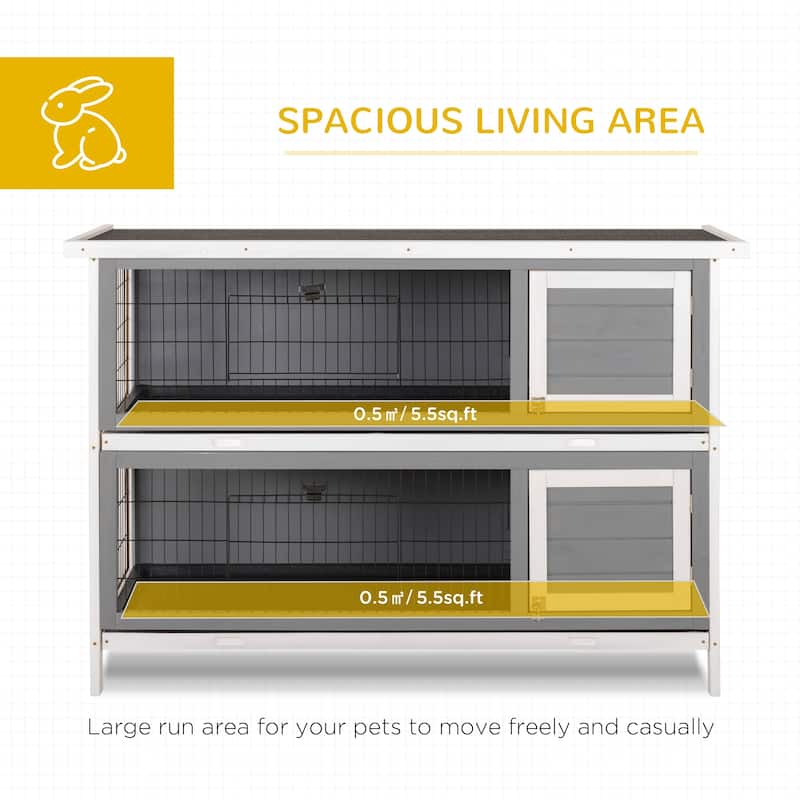 Dark Grey Fir Wood Bunny Hutch with Metal Wire, Dual Cages and Roof - 53.75" L x 19.75" W x 36.5" H
