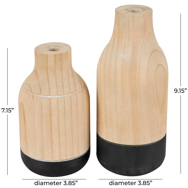Light Brown Wood Colorblock Decorative Vase with Black Bases (Set of 2)