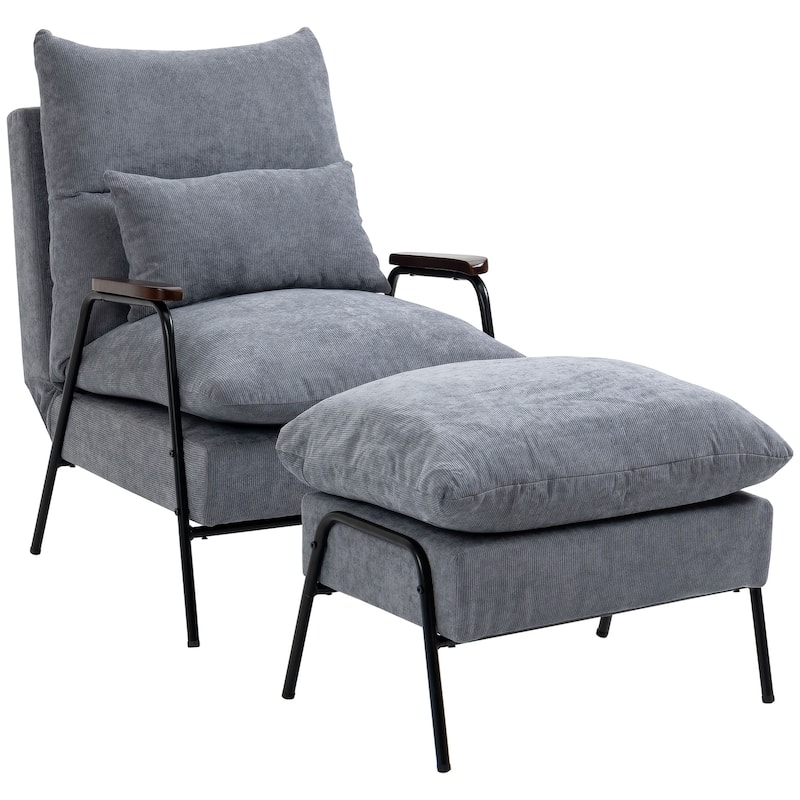 HOMCOM Accent Chair with Ottoman, Reclining Comfy Chair with Adjustable Backrest, Steel Frame and Pillow, Light Grey