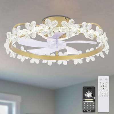 Bella Depot Gold Modern Crystal Ceiling Fan with Dimmable Light, APP Control 6-Speed Low Profile Ceiling Fan for Children
