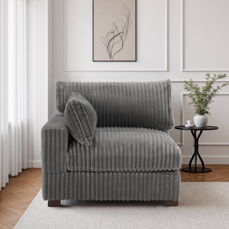 40"W Plush Corduroy Corner Accent Chair Sectional Module with Pillow - Left Facing - Light Grey