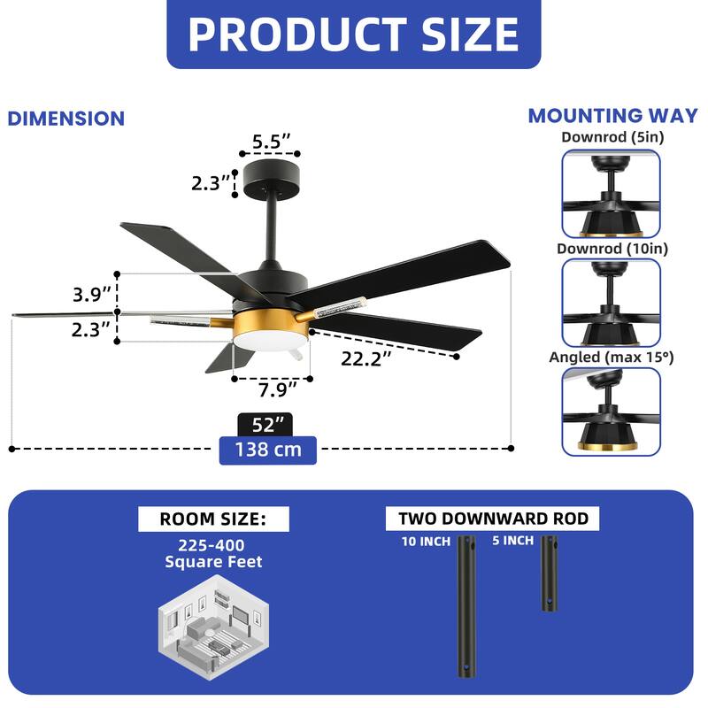 42 Inch Ceiling Fan with Light Remote 3 Crystal Rod and Dimmable Quiet Motor