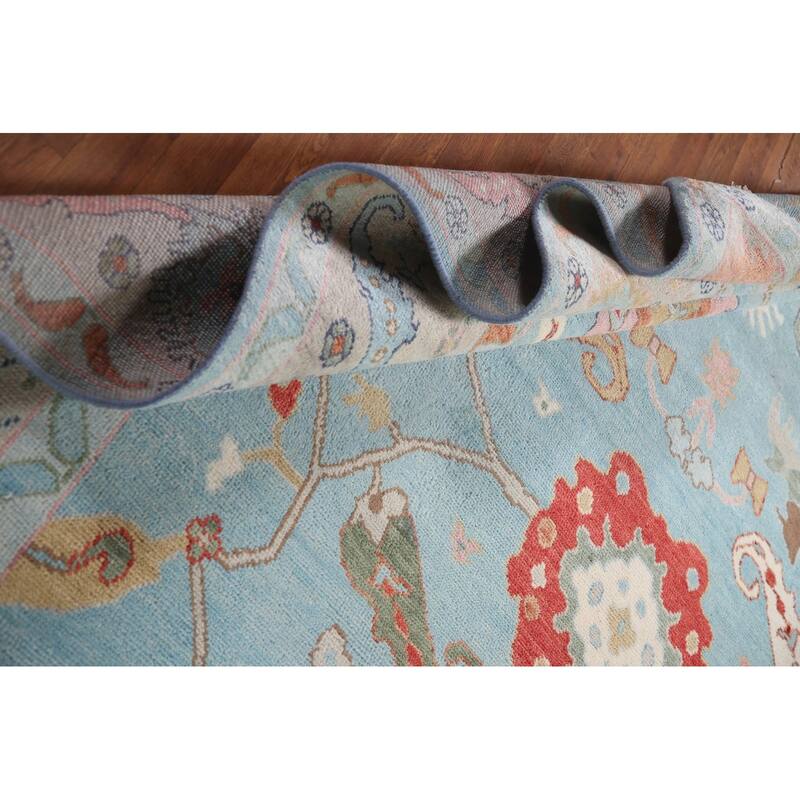 Light Blue Floral Oushak Area Rug Hand-Knotted Oriental Wool Carpet - 8'11"x 11'10"