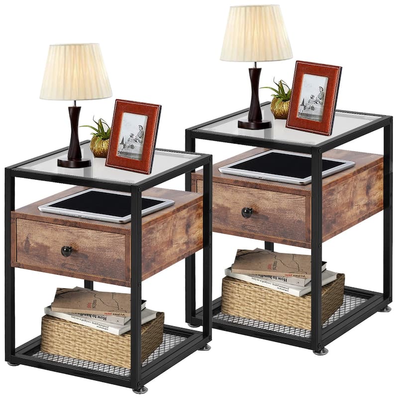 3-pieces Platform Bed Frame and Glass Top Nightstands Set of 2