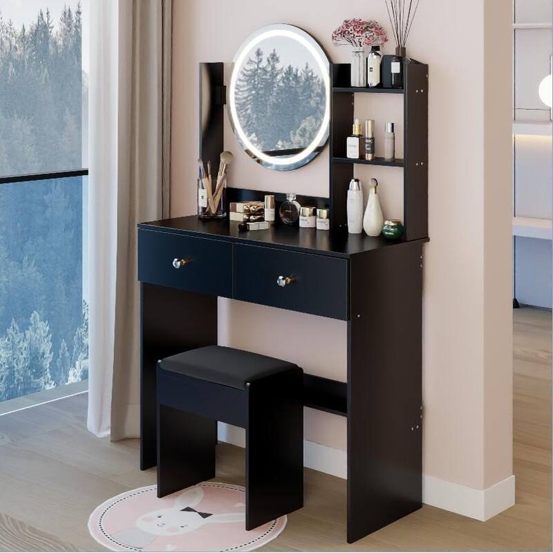 Round LED Mirror Vanity Table, Dressing Set with Cushioned Stool, Makeup Cabinet with Touch Mirror & Multi-layer Storage