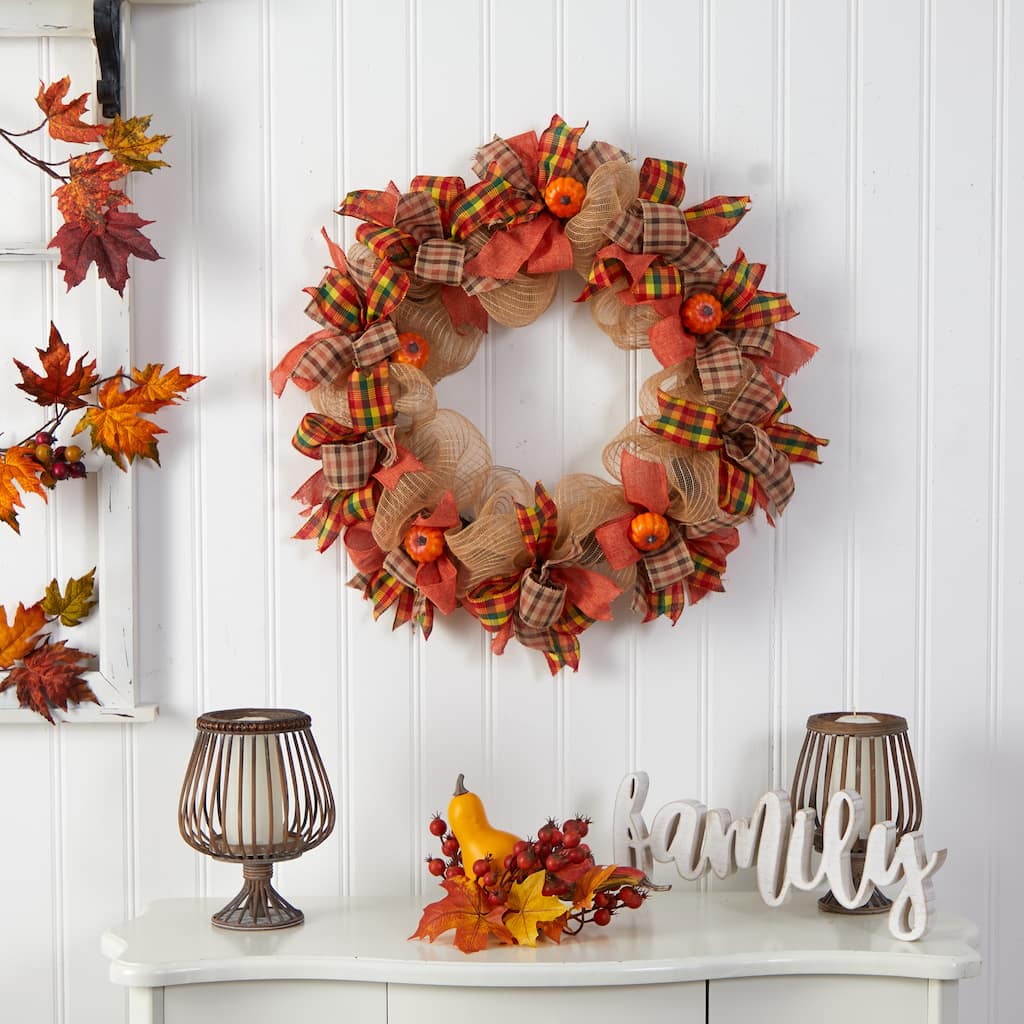 Pumpkin with Plaid Bows Artificial Fall Harvest Wreath - 30" - Unlit