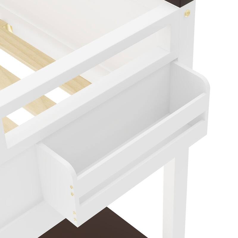 Queen Size Loft Bed with Desk,Open Shelf and a Storage Box,USB Charging Station,White