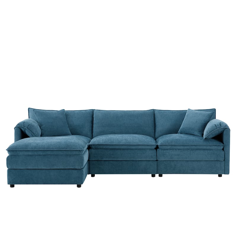 Chenille Modular Cloud Couch Oversized Sectional Sofa with Ottoman - Blue+4 Seat