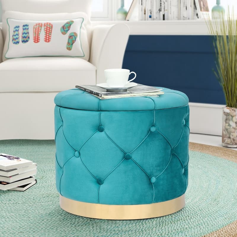 Adeco Round Velvet Multi-Function Vanity Footstool Storage Ottoman