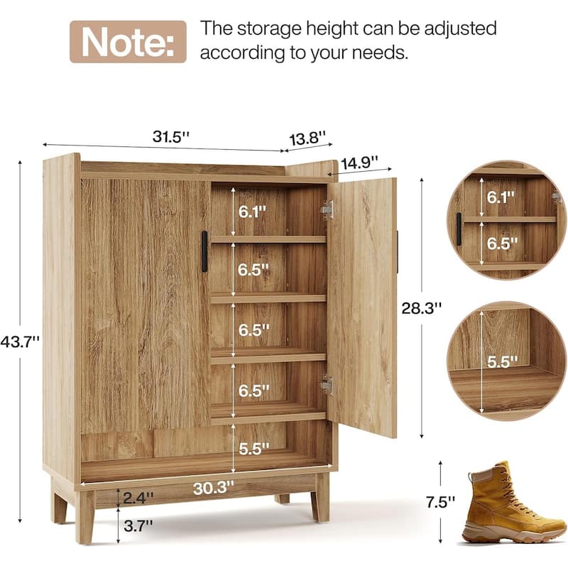 20-Pair Farmhouse Shoe Organizer Rack Storage Cabinet with Doors for Entryway Hallway Closet, Natural