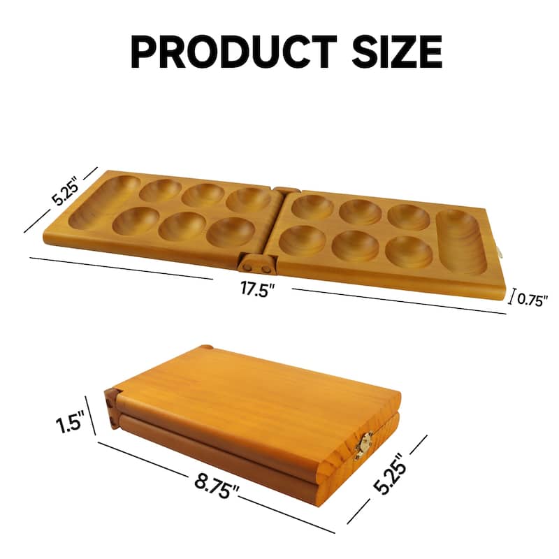 GSE™ Oak Folding Wooden Mancala Board Game with Multi-Color Glass Stones and Storage Bag
