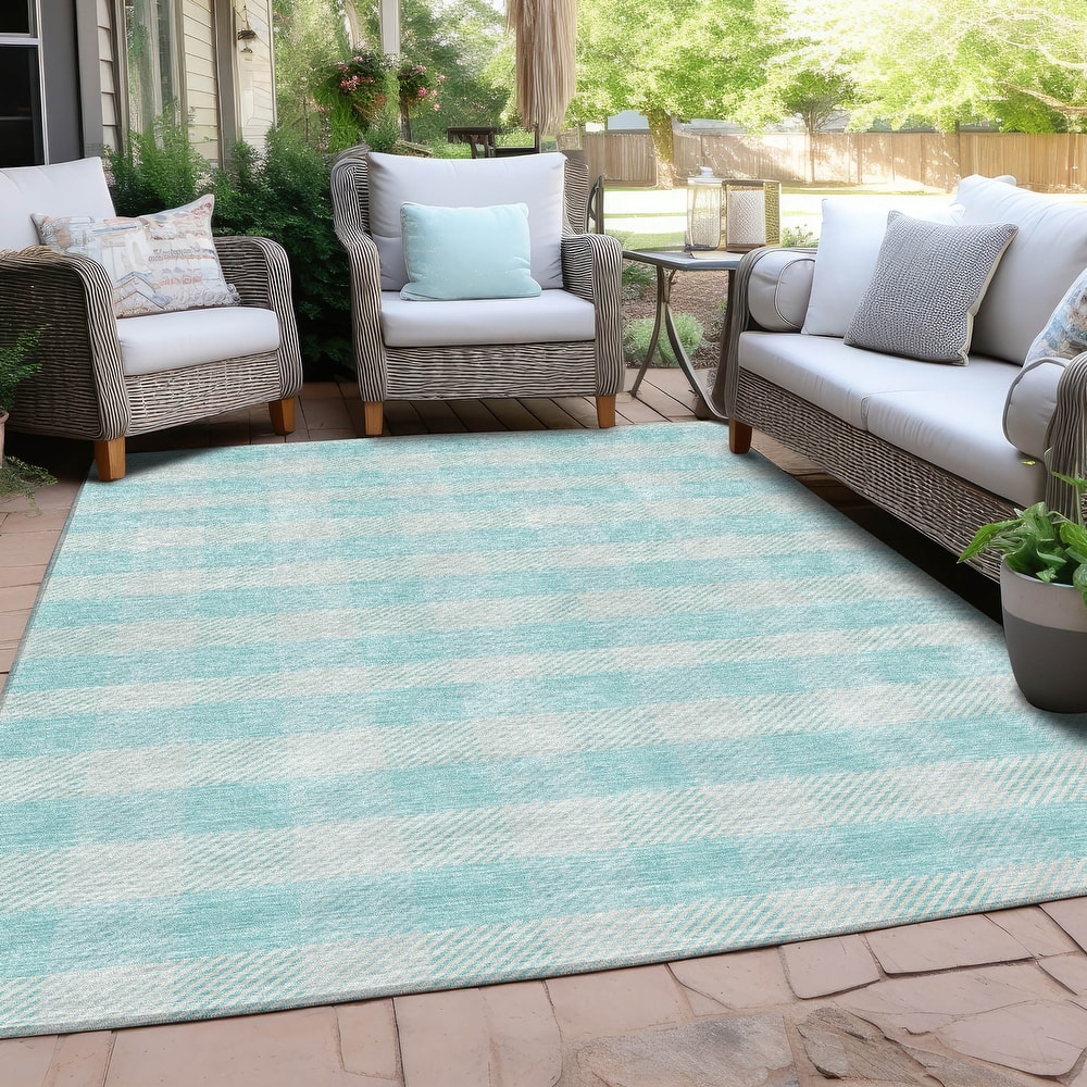 Machine Washable Indoor/ Outdoor Chantille Plaid Stripe Rug