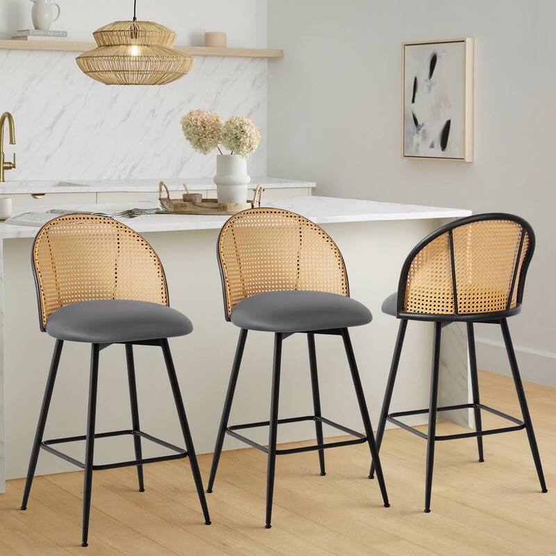 Upholstered Swivel Counter/ Bar Stools with Rattan Back - Set of 3 - Leather-Grey - Counter Height