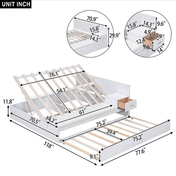 Full Size Hydraulic Platform Bed with Trundle, Storage, Side Table, and Lounge, White
