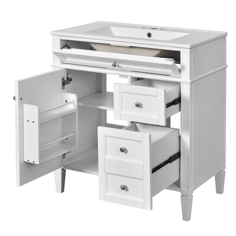 Single Sink Vanity for Bathroom Storage Cabinet with Tip-out Drawer, Small Drawer, Large Drawer, Door Rack and Adjustable Shelf