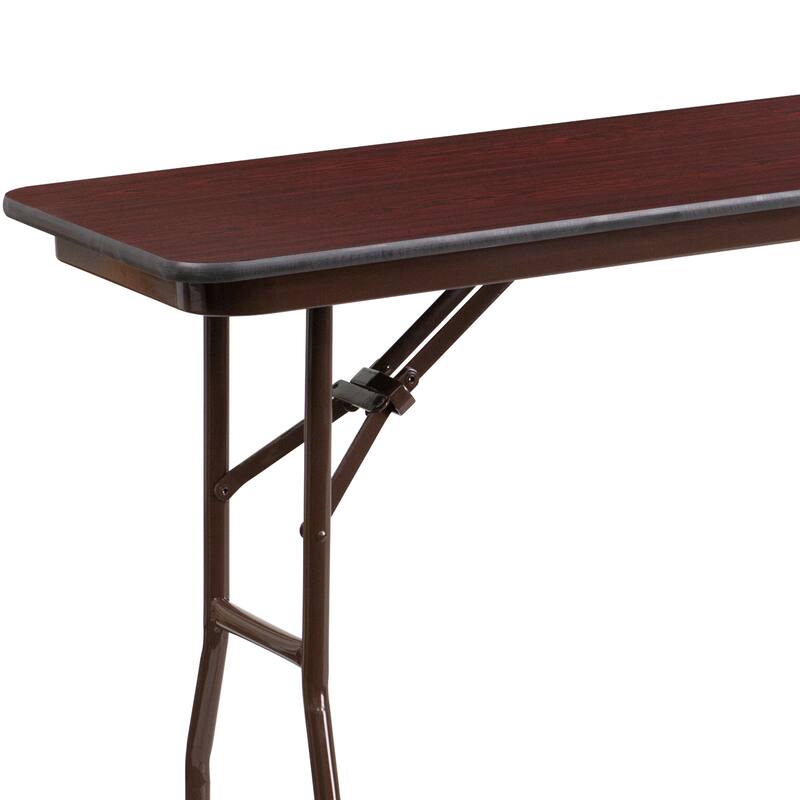 18" x 72" Rectangular Mahogany Melamine Laminate Folding Training Table - 18"W x 72"D x 30"H - 18"W x 72"D x 30"H