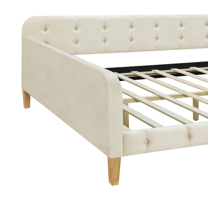 Button Backrest Upholstered Platform Bed Frame, Twin XL Size Daybed with LED Belt and Slats, Pull-out Trundle Bed