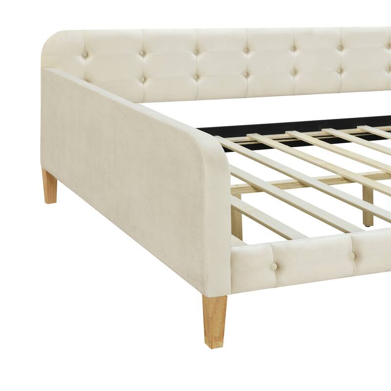 Full Size Velvet Upholstered Daybed Frame with Tufted Backrest & 4 Legs