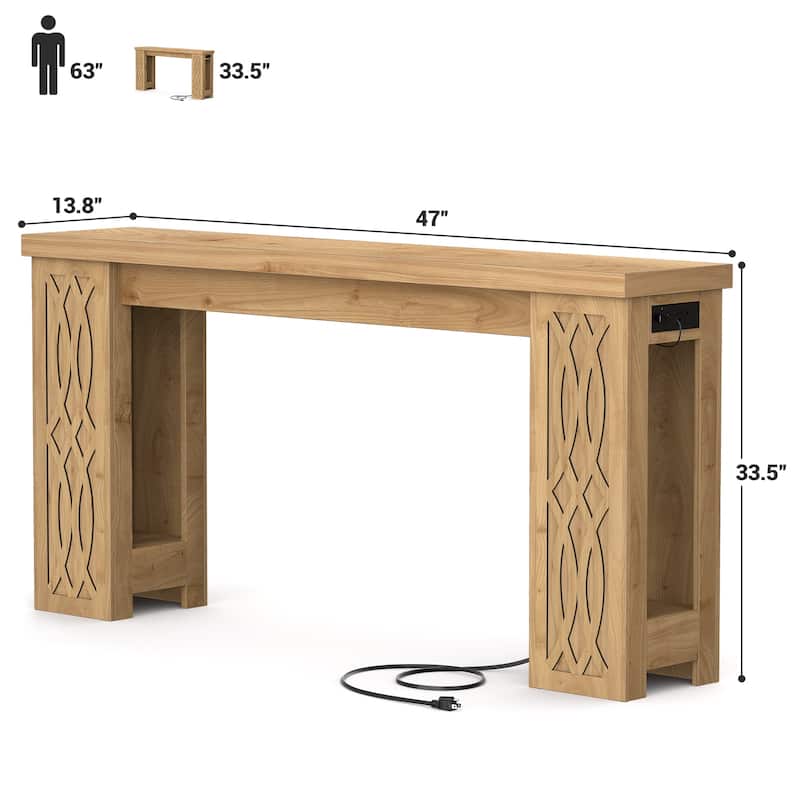 47" Farmhouse Console Table with RGB LED Light ＆ Power Outlets, Unique Carved Design Farmhouse Entryway Table Sofa Table