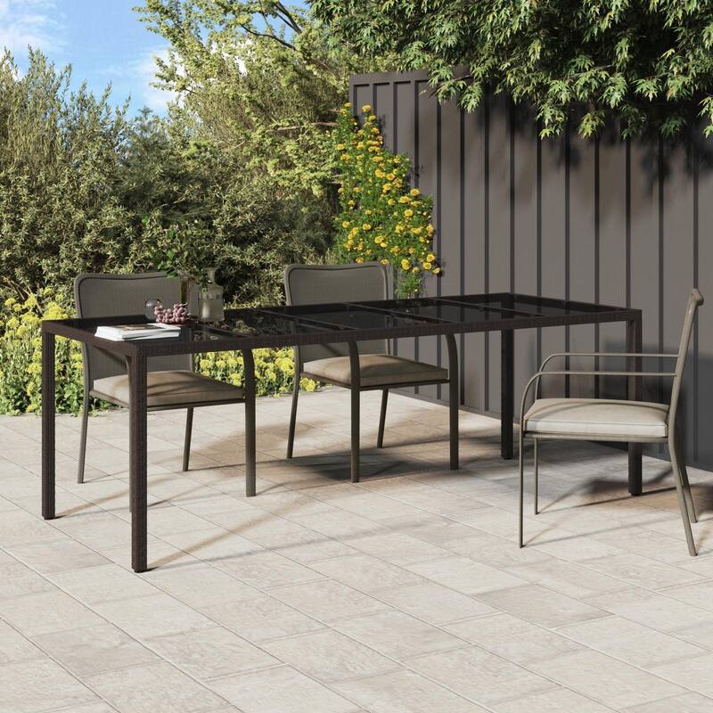 vidaXL Patio Table Outdoor Garden Dinner Table Tempered Glass and Poly Rattan - 98.4 x 39.4 x 29.5 in - Brown and black