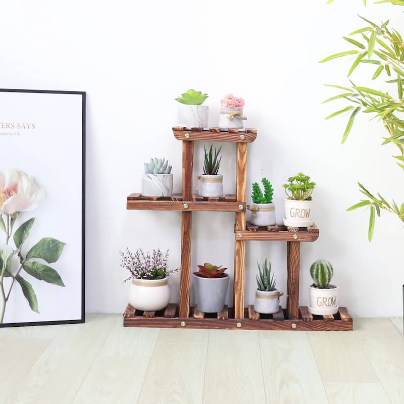 4 Tier Small Plant Stand Carbonized Wood Flower Rack Indoor Outdoor