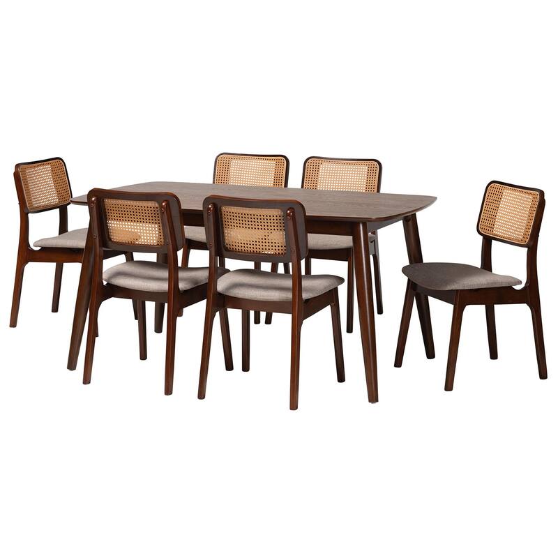 Dannon Mid-Century Modern Fabric and Finished Wood Dining Set - Grey, Walnut Brown, Light Brown - 7-Piece
